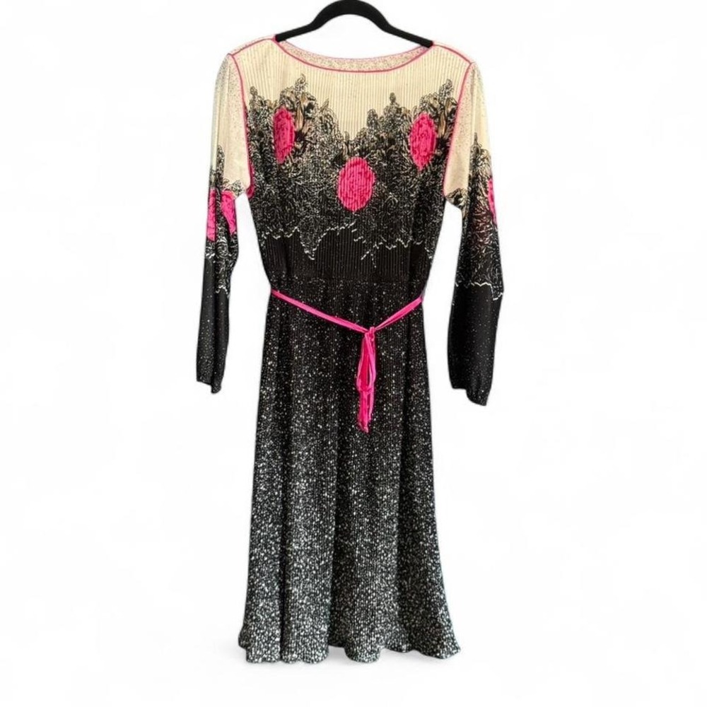 Vintage 1970s Pleated Midi Dress Women's Size Medium Black Rose‎ Ribbon Sheer